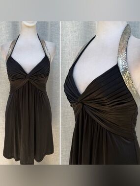 BCBGMaxAzria black silver mini dress chainmail detail neckline ruched bust